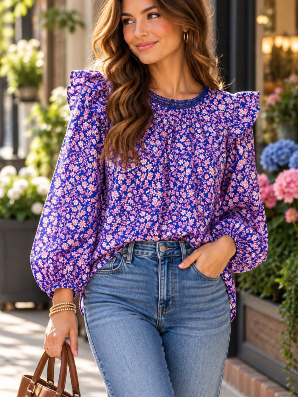 J.Crew S Blue Pink Floral Ruffle Shoulder Cotton Blouse BF820